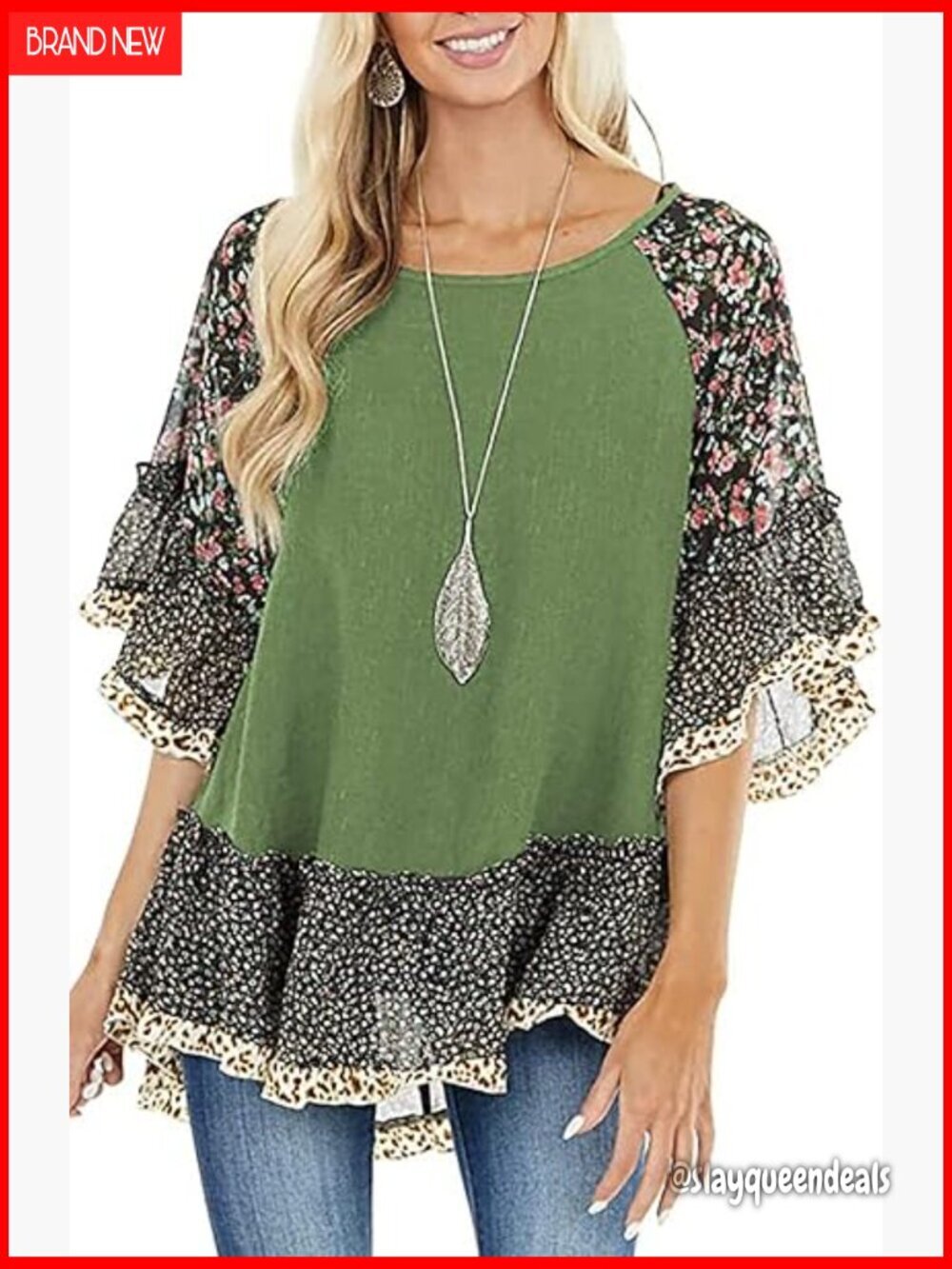 Floral Print Batwing Blouse 3/4 Sleeve Pullover Top Loose Fit